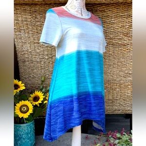 LuLaRoe Multicolor Melissa Tunic Top Muted Red White Blue Stripe Sharkbite